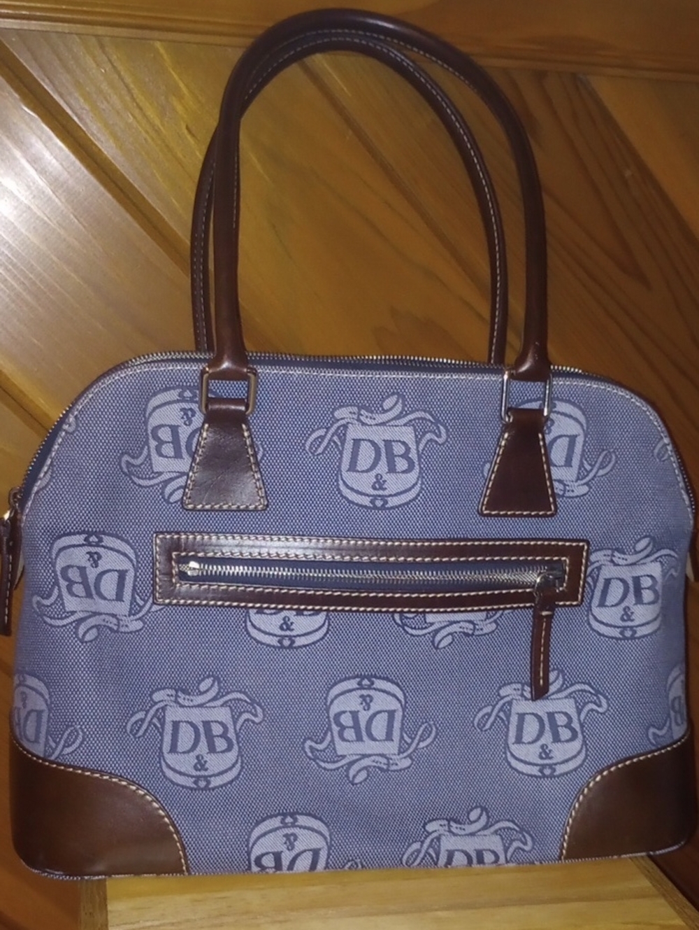 Dooney And Bourke Blue Canvas Tote with Brown Leather Trim With Matching Wristle